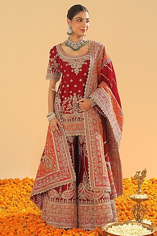 Deep Red Pure Silk Chanderi Zardosi Embroidered Sharara Set by Sheetal Batra