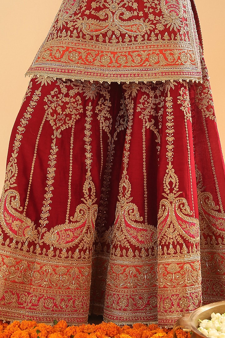 Deep Red Pure Silk Chanderi Zardosi Embroidered Bridal Sharara Set by Sheetal Batra at Pernia's Pop Up Shop