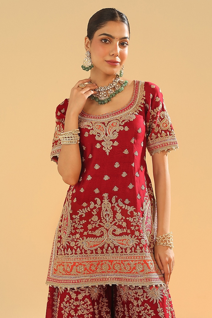 Deep Red Pure Silk Chanderi Zardosi Embroidered Bridal Sharara Set by Sheetal Batra at Pernia's Pop Up Shop