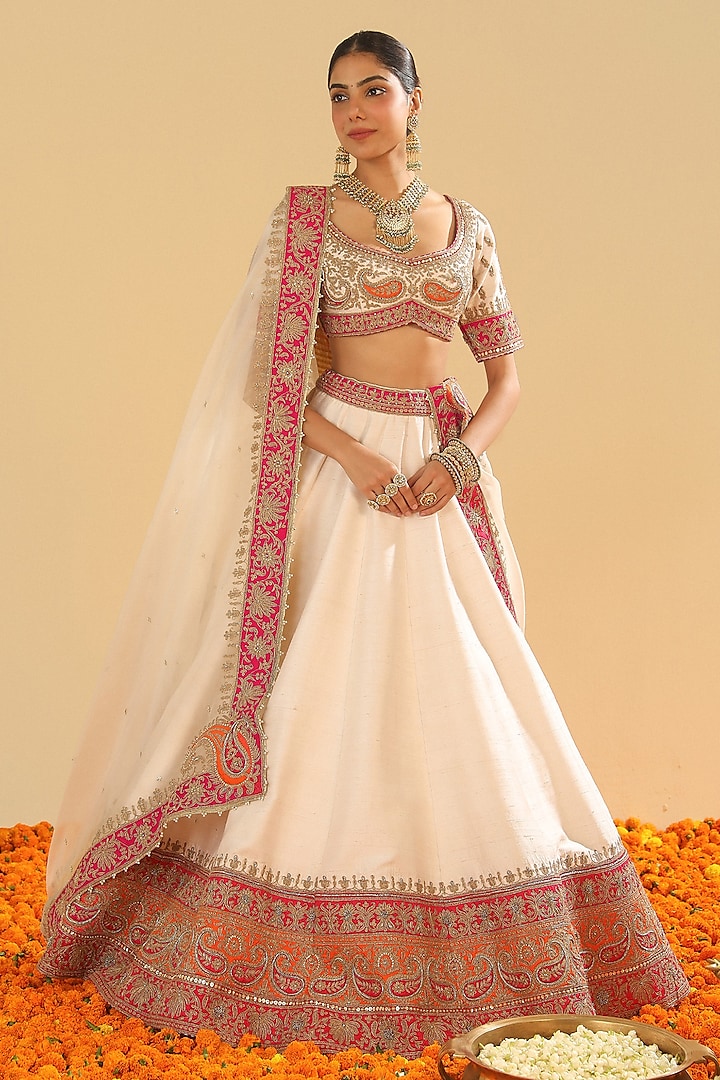 Daisy Ivory Raw Silk Zardosi Embroidered Bridal Lehenga Set by Sheetal Batra at Pernia's Pop Up Shop