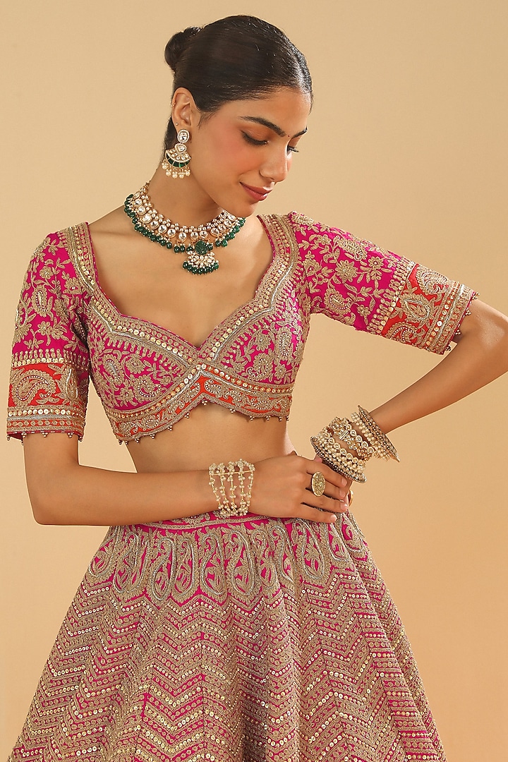 Hot Pink Raw Silk Zardosi Embroidered Bridal Lehenga Set by Sheetal Batra at Pernia's Pop Up Shop