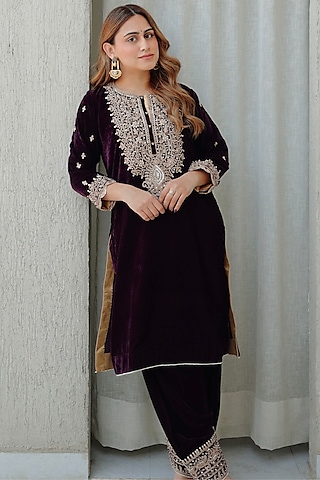 Wine Silk Velvet Kiran Dori Embroidered Kurta Set by Sheetal Batra
