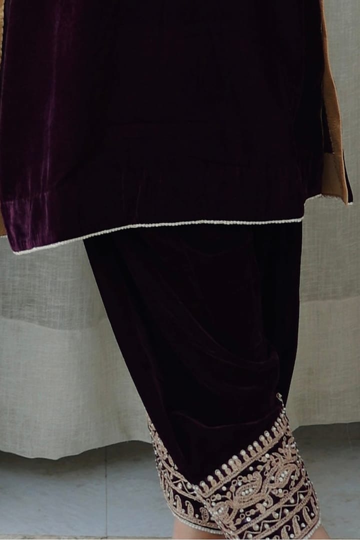 Wine Silk Velvet Kiran Dori Embroidered Kurta Set by Sheetal Batra at Pernia's Pop Up Shop