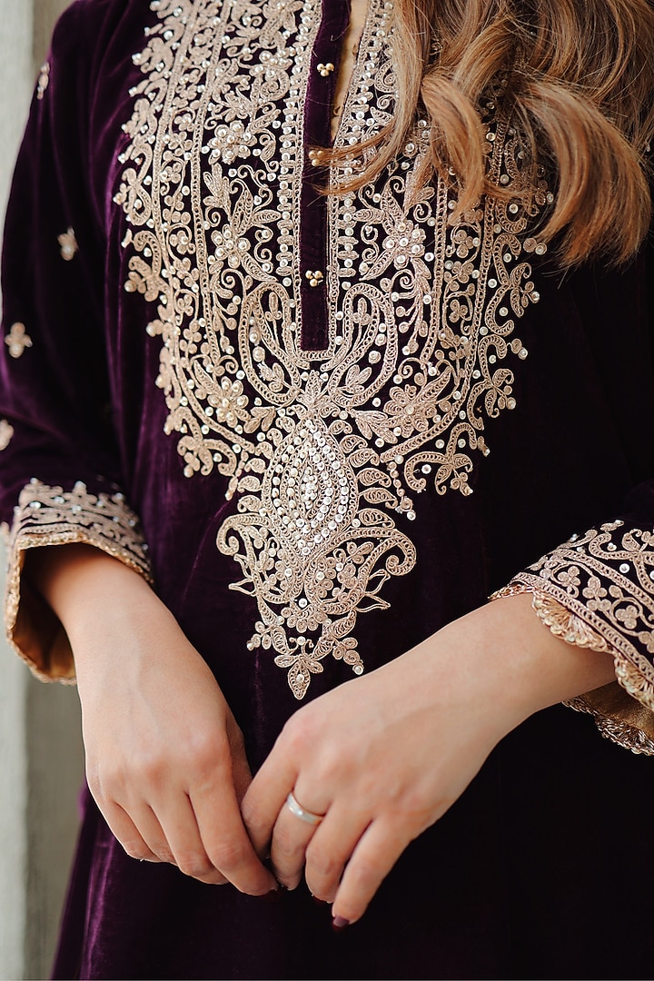 Wine Silk Velvet Kiran Dori Embroidered Kurta Set by Sheetal Batra at Pernia's Pop Up Shop
