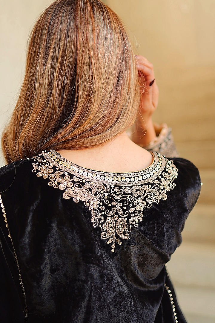 Black Silk Velvet Kiran Dori Embroidered Kurta Set by Sheetal Batra at Pernia's Pop Up Shop