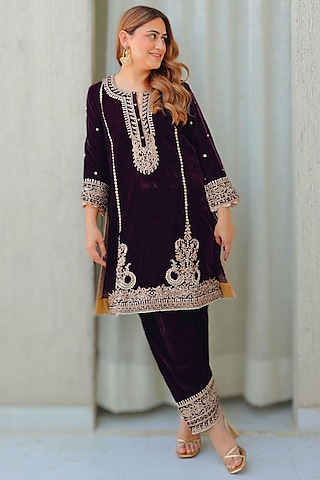 Wine Silk Velvet Kiran Dori Embroidered Kurta Set by Sheetal Batra