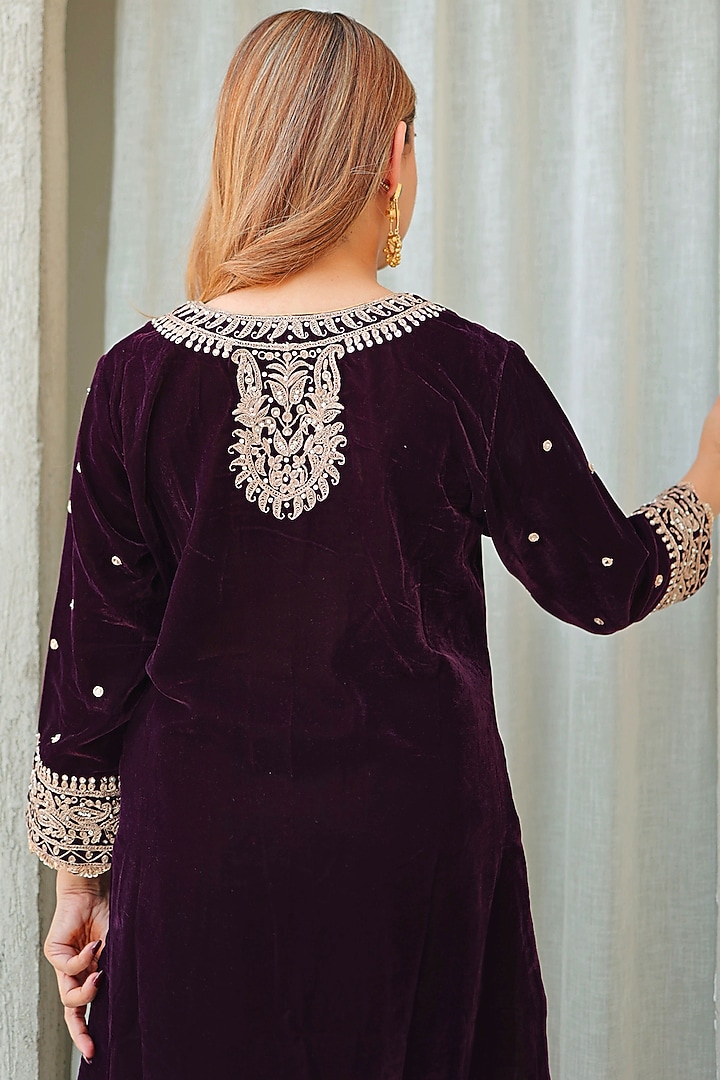 Wine Silk Velvet Kiran Dori Embroidered Kurta Set by Sheetal Batra at Pernia's Pop Up Shop