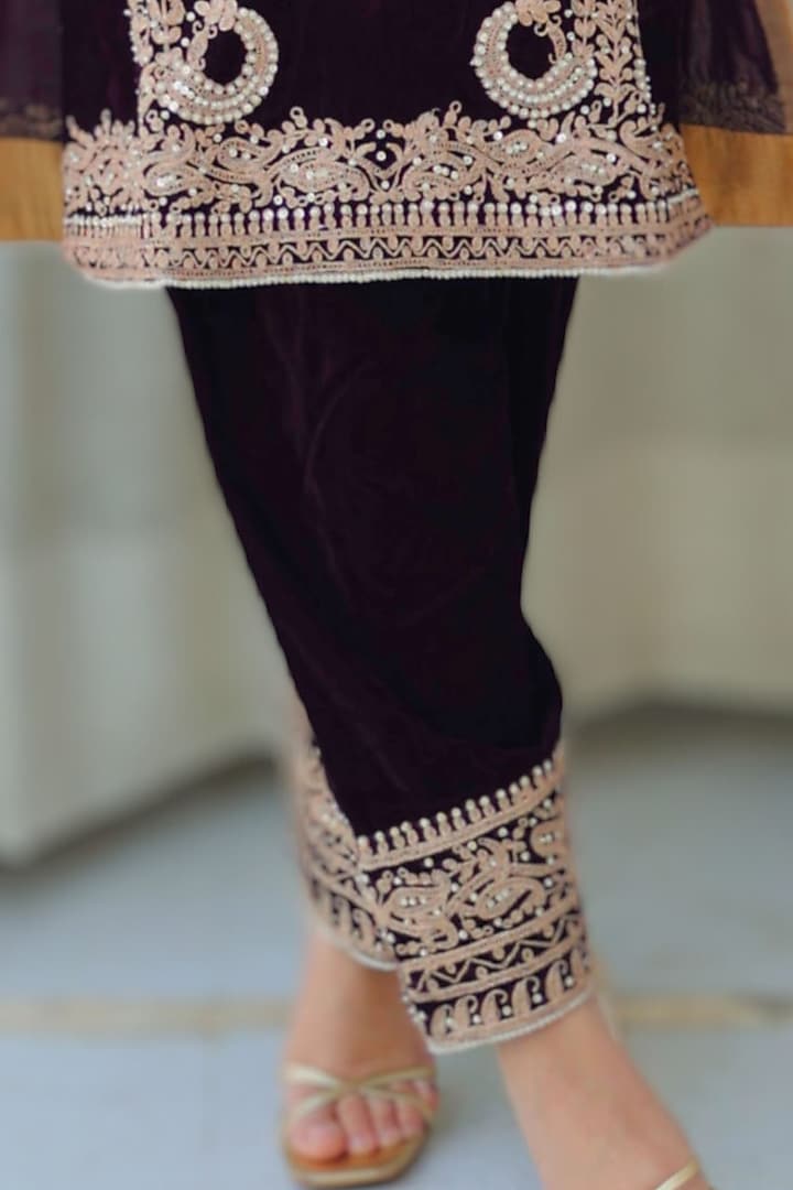 Wine Silk Velvet Kiran Dori Embroidered Kurta Set by Sheetal Batra at Pernia's Pop Up Shop