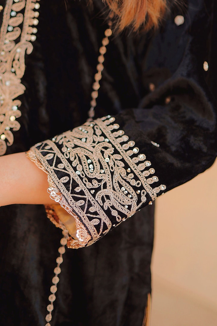 Black Silk Velvet Kiran Dori Embroidered Kurta Set by Sheetal Batra at Pernia's Pop Up Shop