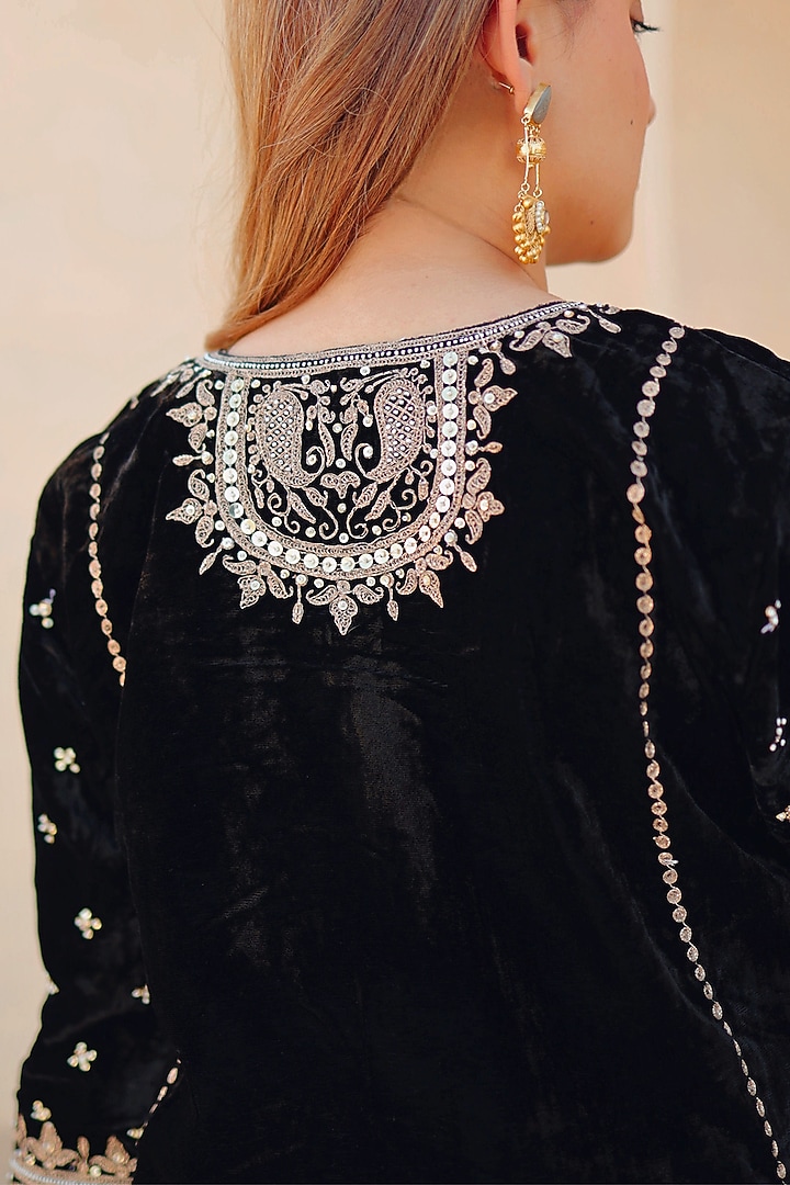 Black Silk Velvet Kiran Dori Embroidered Long A-line Kurta Set by Sheetal Batra at Pernia's Pop Up Shop