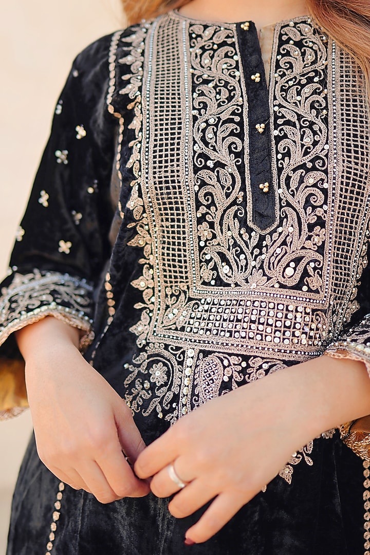 Black Silk Velvet Kiran Dori Embroidered Long A-line Kurta Set by Sheetal Batra at Pernia's Pop Up Shop