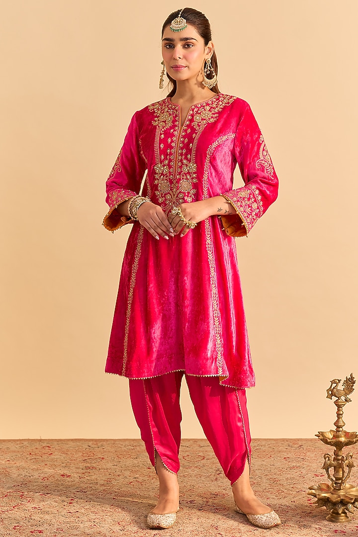 Hot Pink Velvet Silk Embroidered Choga A-Line Kurta Set by Sheetal Batra at Pernia's Pop Up Shop