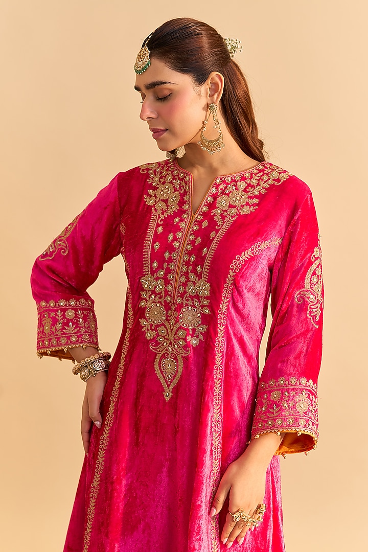 Hot Pink Velvet Silk Embroidered Choga A-Line Kurta Set by Sheetal Batra at Pernia's Pop Up Shop