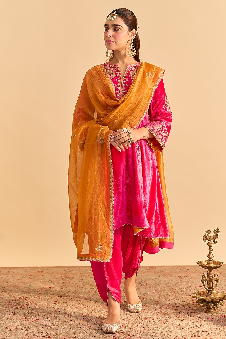 Hot Pink Velvet Silk Embroidered Choga A-Line Kurta Set by Sheetal Batra at Pernia's Pop Up Shop