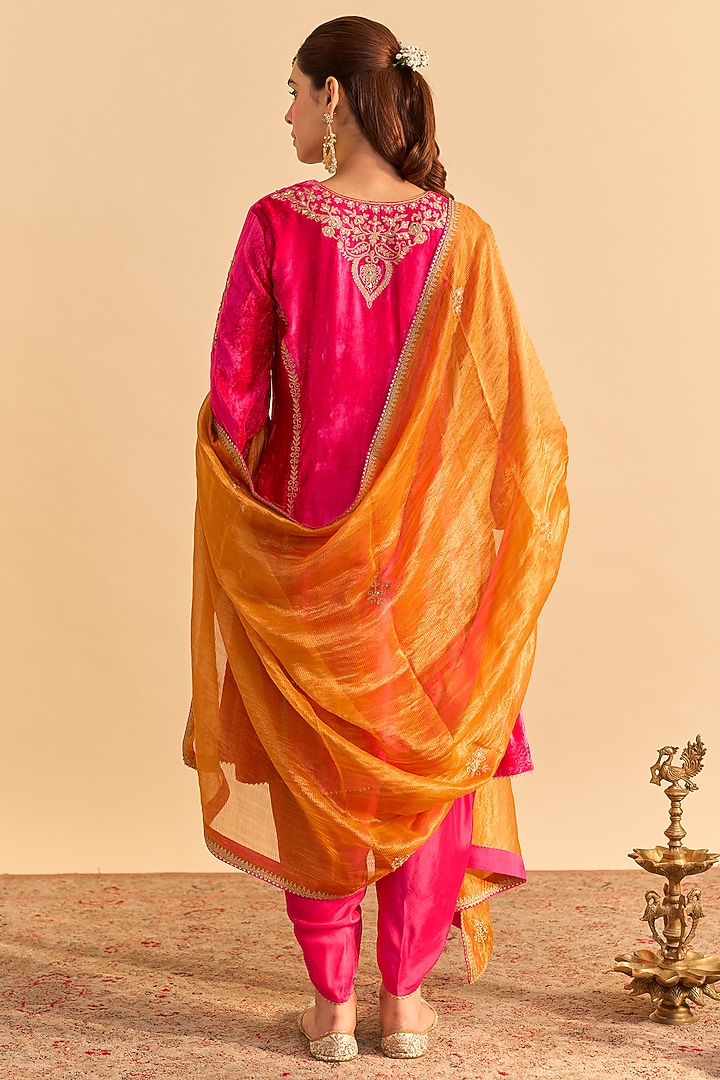 Hot Pink Velvet Silk Embroidered Choga A-Line Kurta Set by Sheetal Batra at Pernia's Pop Up Shop