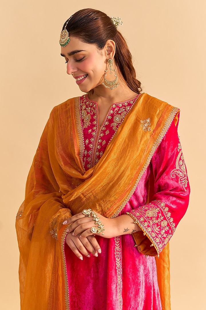 Hot Pink Velvet Silk Embroidered Choga A-Line Kurta Set by Sheetal Batra at Pernia's Pop Up Shop