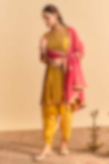 Mustard Velvet Silk Embroidered Choga A-Line Kurta Set by Sheetal Batra at Pernia's Pop Up Shop