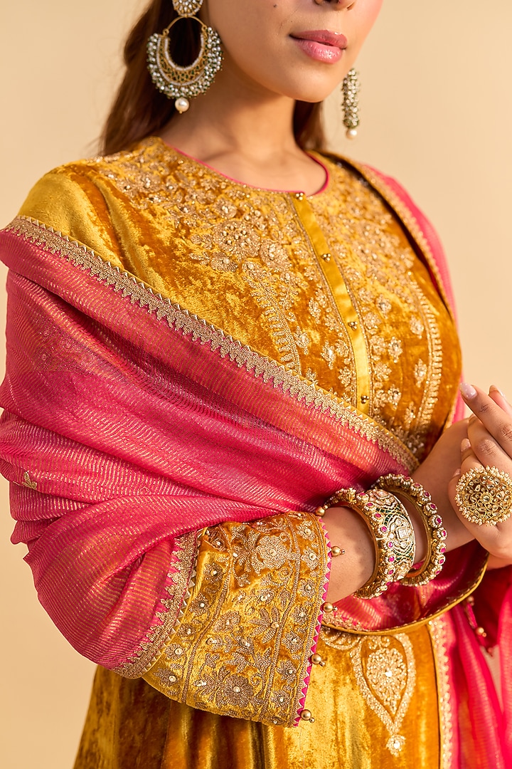 Mustard Velvet Silk Embroidered Choga A-Line Kurta Set by Sheetal Batra at Pernia's Pop Up Shop