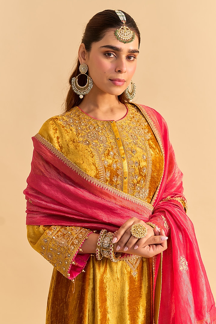 Mustard Velvet Silk Embroidered Choga A-Line Kurta Set by Sheetal Batra at Pernia's Pop Up Shop