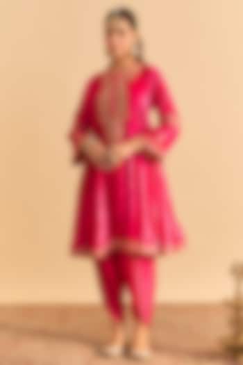 Hot Pink Velvet Silk Embroidered Choga A-Line Kurta Set by Sheetal Batra at Pernia's Pop Up Shop