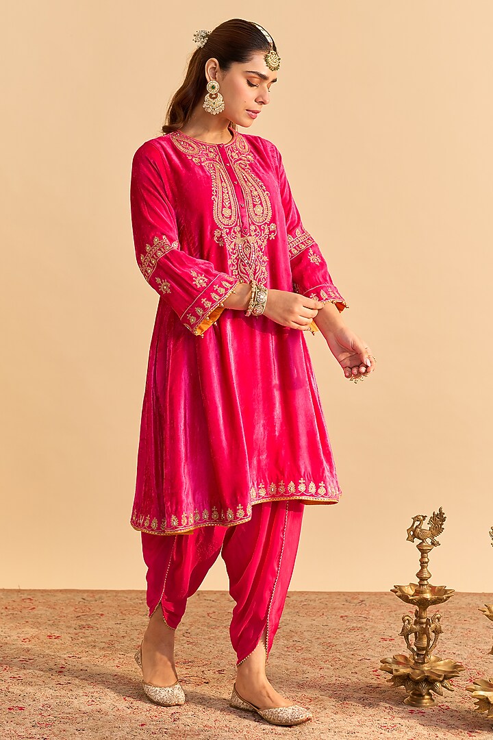 Hot Pink Velvet Silk Embroidered Choga A-Line Kurta Set by Sheetal Batra at Pernia's Pop Up Shop