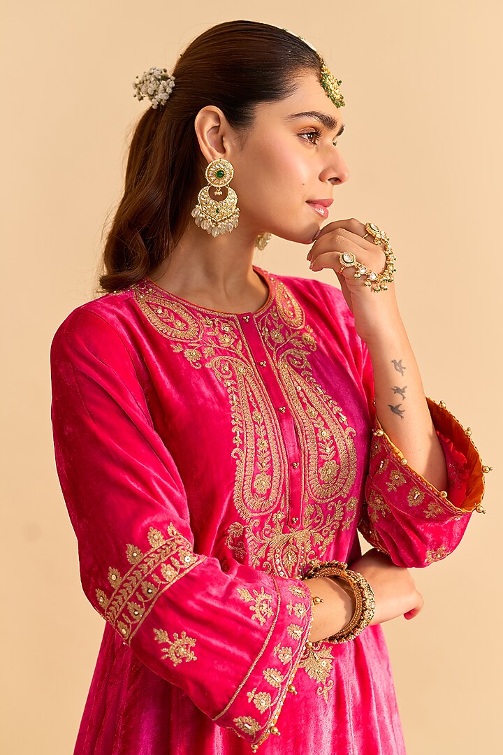 Hot Pink Velvet Silk Embroidered Choga A-Line Kurta Set by Sheetal Batra at Pernia's Pop Up Shop
