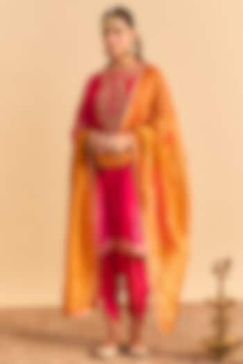 Hot Pink Velvet Silk Embroidered Choga A-Line Kurta Set by Sheetal Batra at Pernia's Pop Up Shop