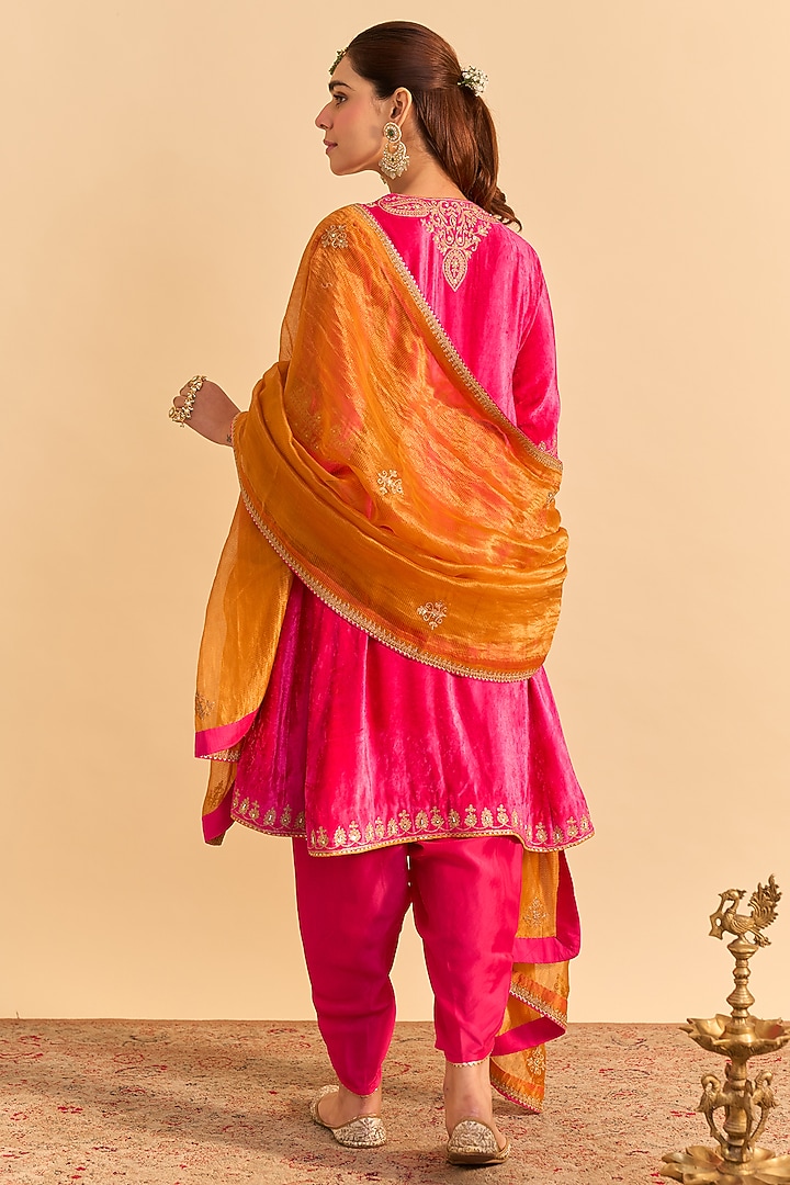 Hot Pink Velvet Silk Embroidered Choga A-Line Kurta Set by Sheetal Batra at Pernia's Pop Up Shop