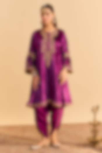 Deep Purple Velvet Silk Embroidered Choga A-Line Kurta Set by Sheetal Batra at Pernia's Pop Up Shop