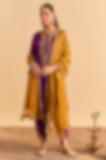 Deep Purple Velvet Silk Embroidered Choga A-Line Kurta Set by Sheetal Batra at Pernia's Pop Up Shop