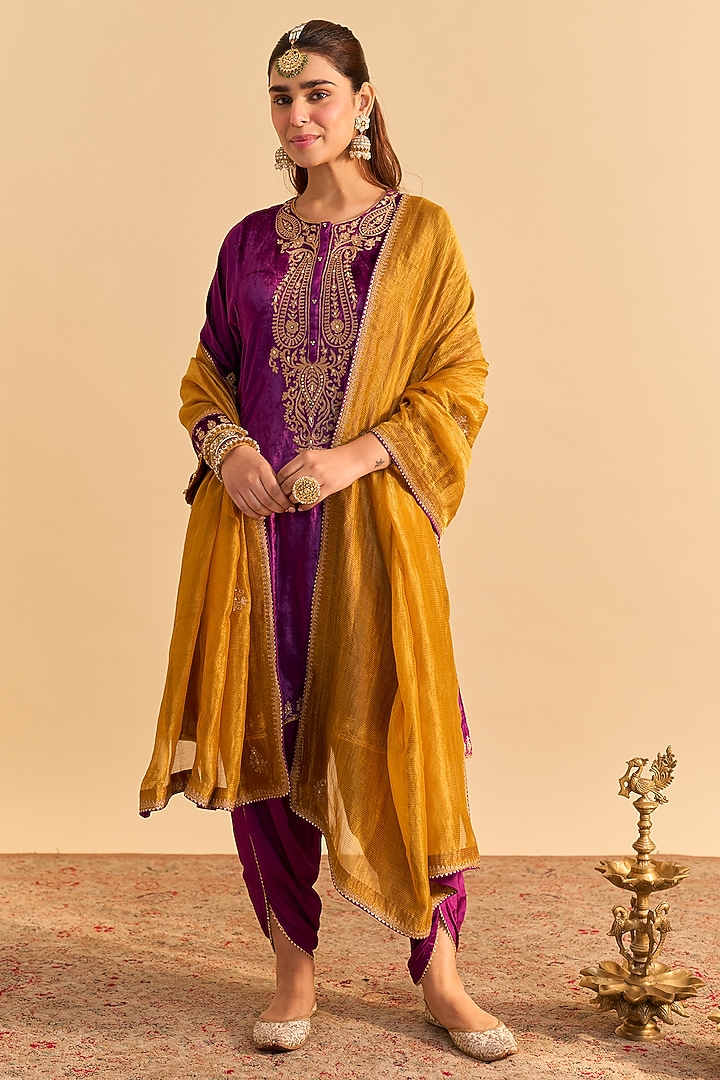 Deep Purple Velvet Silk Embroidered Choga A-Line Kurta Set by Sheetal Batra at Pernia's Pop Up Shop
