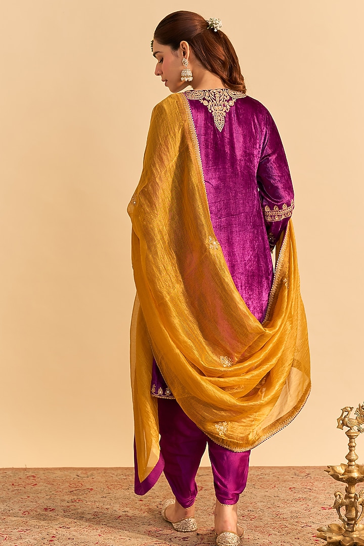 Deep Purple Velvet Silk Embroidered Choga A-Line Kurta Set by Sheetal Batra at Pernia's Pop Up Shop