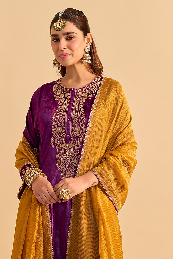 Deep Purple Velvet Silk Embroidered Choga A-Line Kurta Set by Sheetal Batra at Pernia's Pop Up Shop
