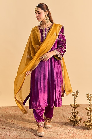 Deep Purple Velvet Silk Embroidered Choga Kurta Set by Sheetal Batra
