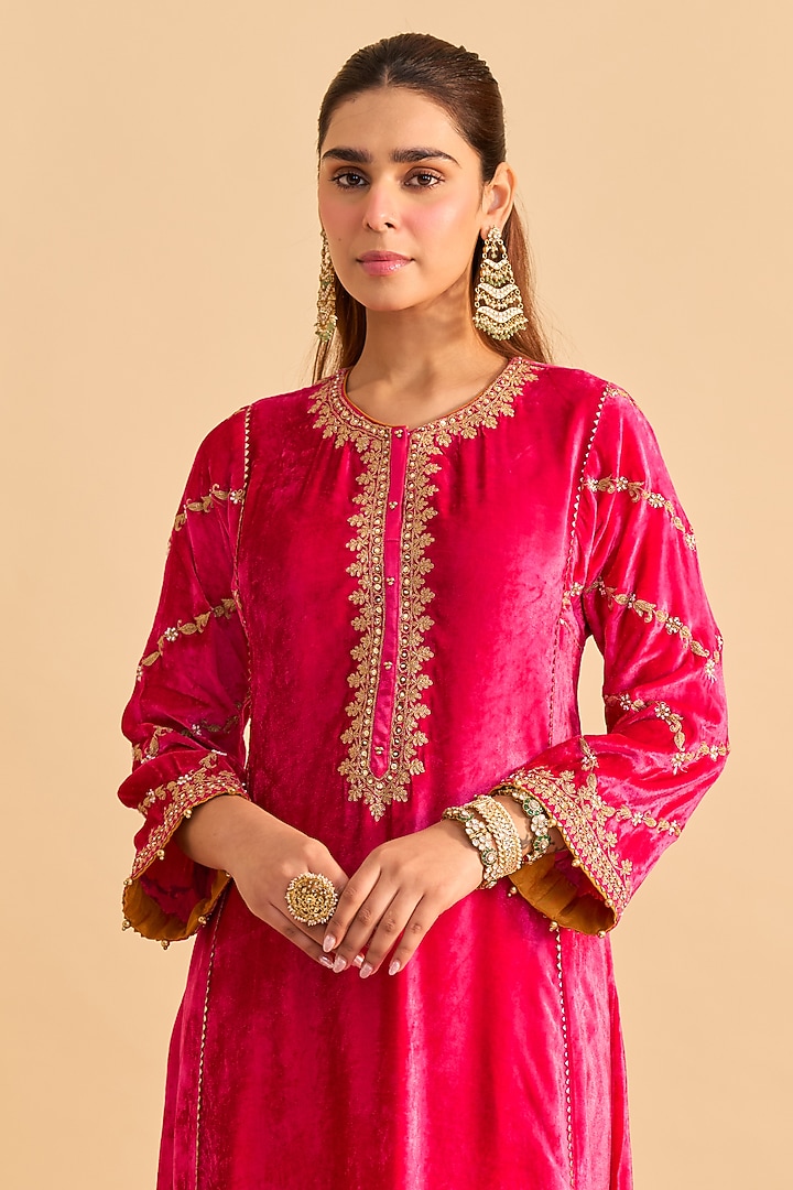 Hot Pink Velvet Silk Embroidered Choga Kurta Set by Sheetal Batra at Pernia's Pop Up Shop