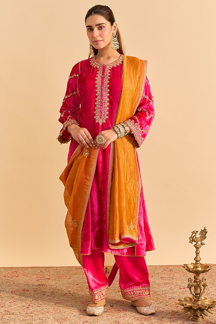 Hot Pink Velvet Silk Embroidered Choga Kurta Set by Sheetal Batra at Pernia's Pop Up Shop