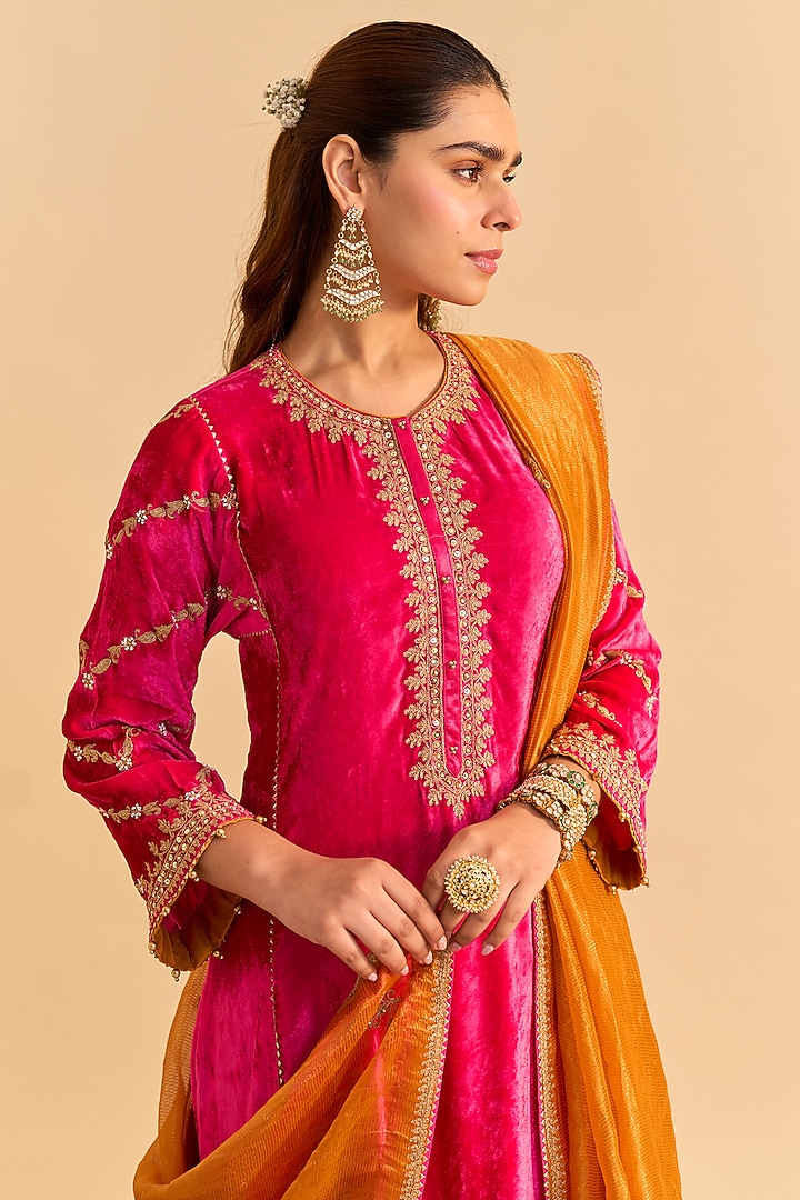 Hot Pink Velvet Silk Embroidered Choga Kurta Set by Sheetal Batra at Pernia's Pop Up Shop