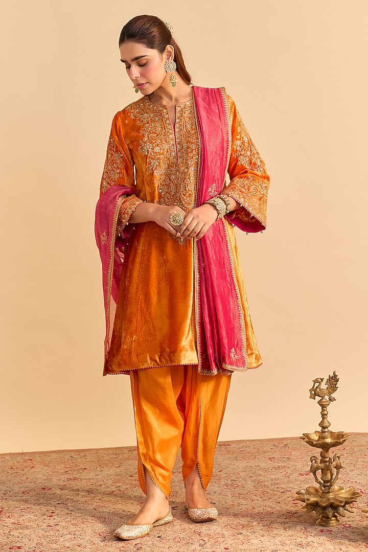 Orange Velvet Silk Embroidered A-Line Kurta Set by Sheetal Batra at Pernia's Pop Up Shop