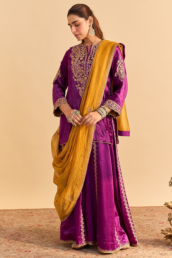 Deep Purple Velvet Silk Embroidered Wedding Sharara Set by Sheetal Batra at Pernia's Pop Up Shop