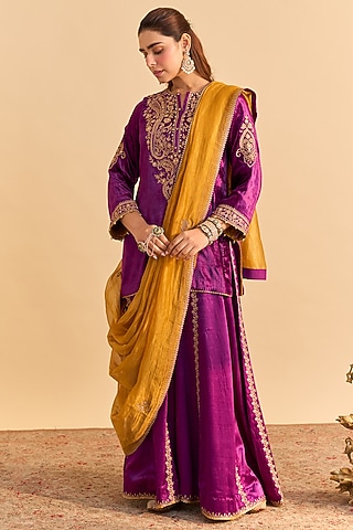 Deep Purple Satin Silk Embroidered Sharara Set by Sheetal Batra