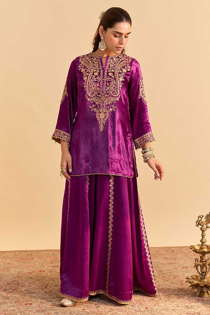Deep Purple Satin Silk Embroidered Wedding Sharara Set by Sheetal Batra at Pernia's Pop Up Shop