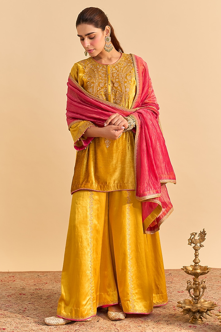 Mustard Velvet Silk Embroidered Wedding Sharara Set by Sheetal Batra at Pernia's Pop Up Shop