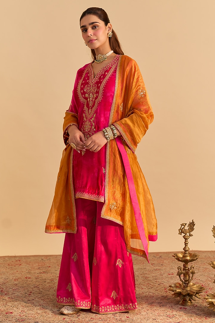 Hot Pink Velvet Silk Embroidered Wedding Sharara Set by Sheetal Batra at Pernia's Pop Up Shop