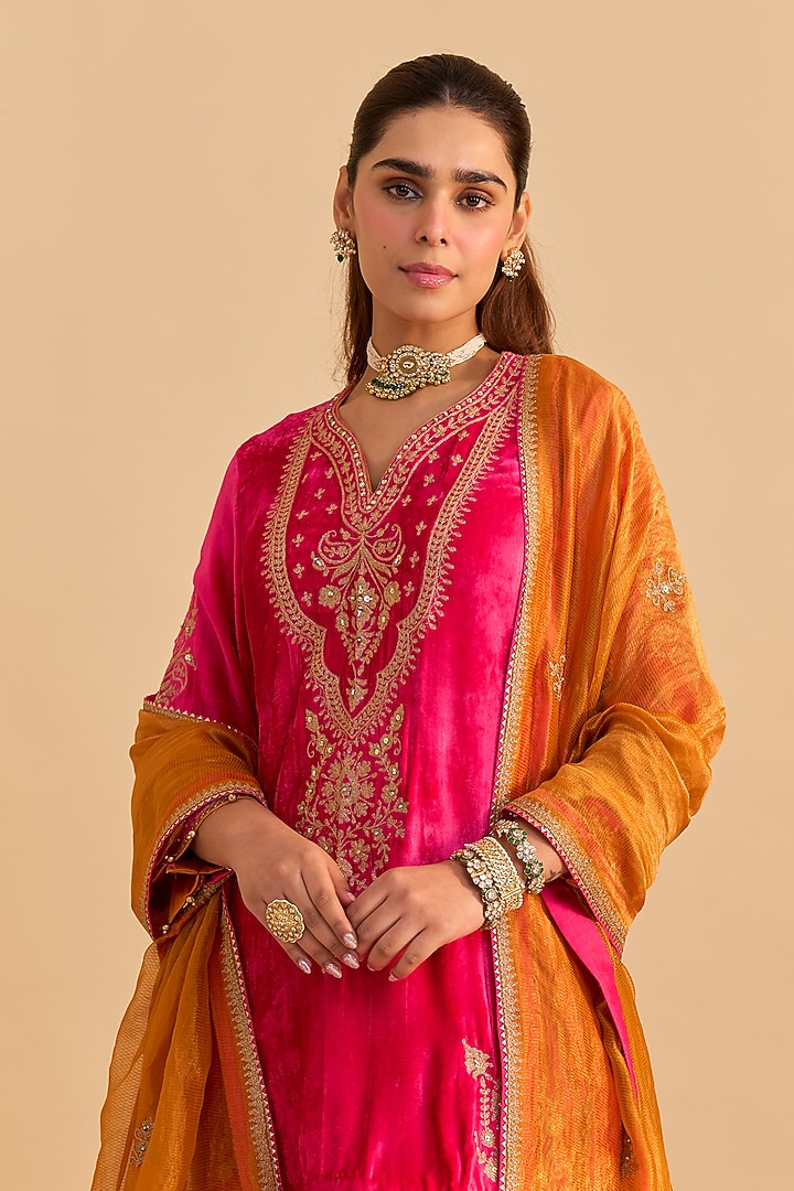 Hot Pink Satin Silk Embroidered Wedding Sharara Set by Sheetal Batra at Pernia's Pop Up Shop
