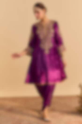 Deep Purple Velvet Silk Embroidered A-Line Kurta Set by Sheetal Batra at Pernia's Pop Up Shop