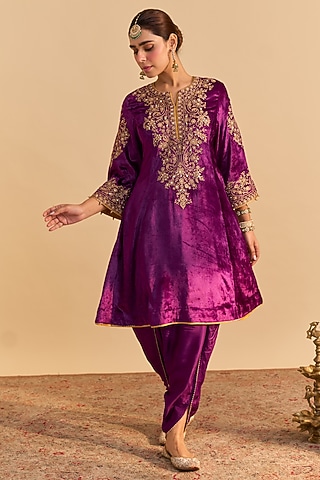 Deep Purple Velvet Silk Embroidered A-Line Kurta Set by Sheetal Batra