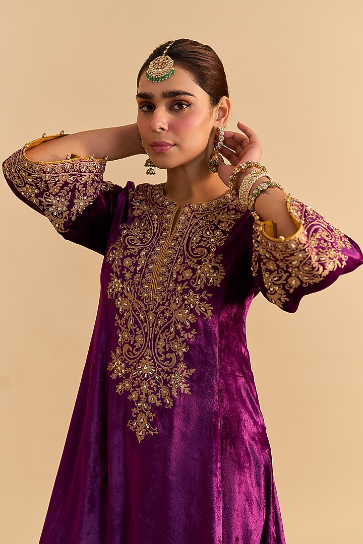 Deep Purple Velvet Silk Embroidered A-Line Kurta Set by Sheetal Batra at Pernia's Pop Up Shop