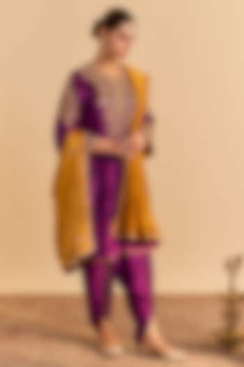 Deep Purple Velvet Silk Embroidered A-Line Kurta Set by Sheetal Batra at Pernia's Pop Up Shop