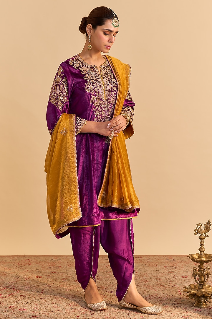Deep Purple Velvet Silk Embroidered A-Line Kurta Set by Sheetal Batra at Pernia's Pop Up Shop