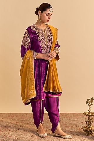Deep Purple Velvet Silk Embroidered A-Line Kurta Set by Sheetal Batra